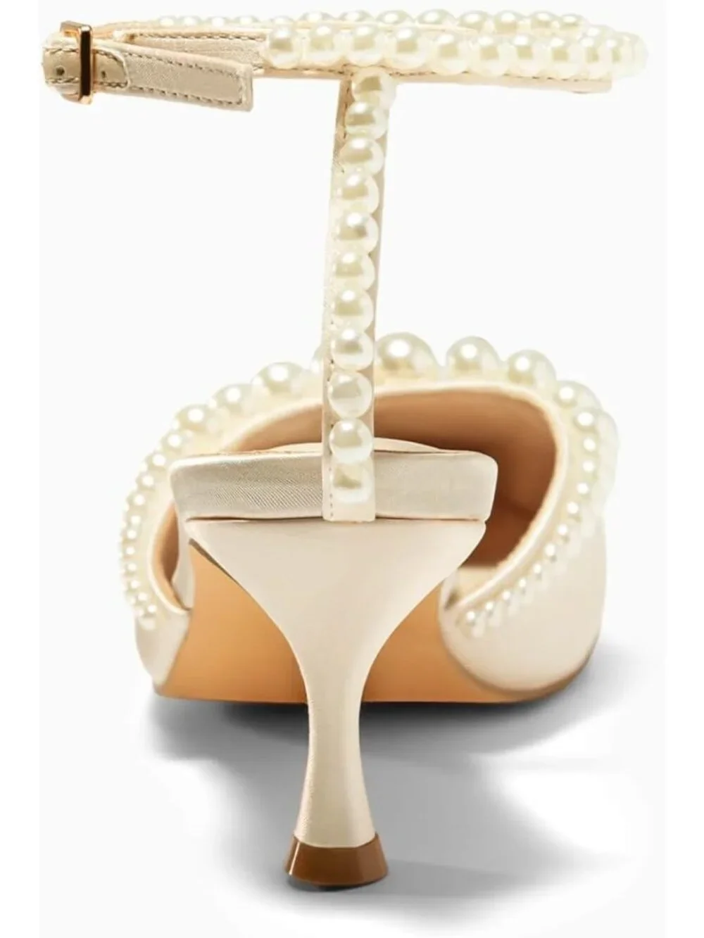 Women's Gold Pearl Kitten Heel Closed Pointed Toe Ankle Strap Dress Shoes